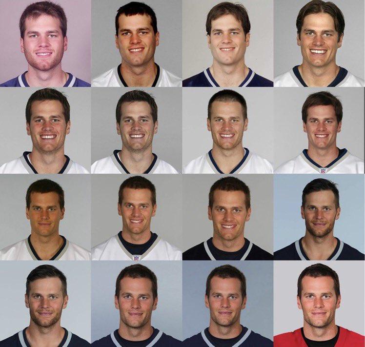 Collage of headshots featuring a male athlete in various poses and expressions, smiling, dressed in football jerseys and casual attire.
